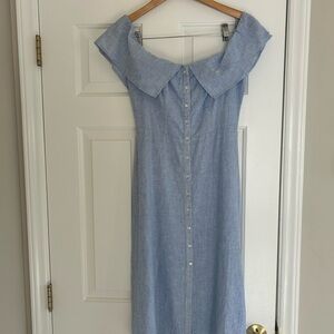 BB Dakota Blue Ruffled Midi Dress with off-shoulder Sailor Collar